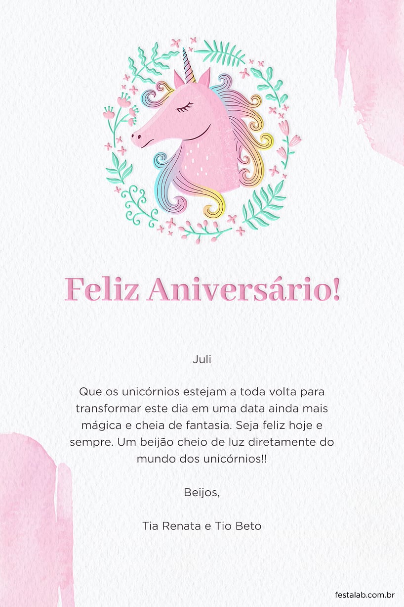 Crie seu Cartão de Aniversário Adulto - Unicórnio Primavera com a Festalab