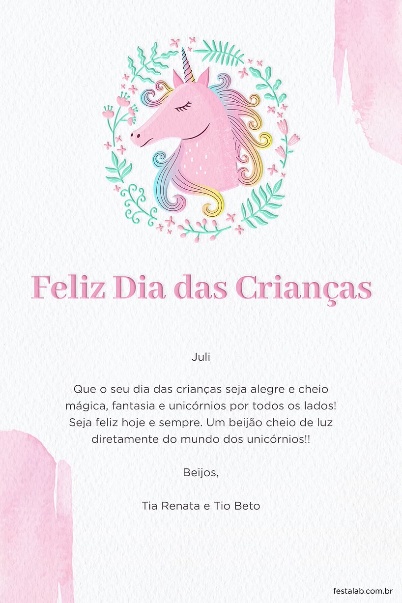 Cartao de Ocasioes especiais - Unicornio Primavera - Dia das Criancas