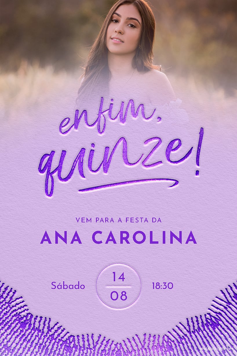 Criar convite de Aniversário de 15 anos - Enfim, quinze! Cor lílas| FestaLab