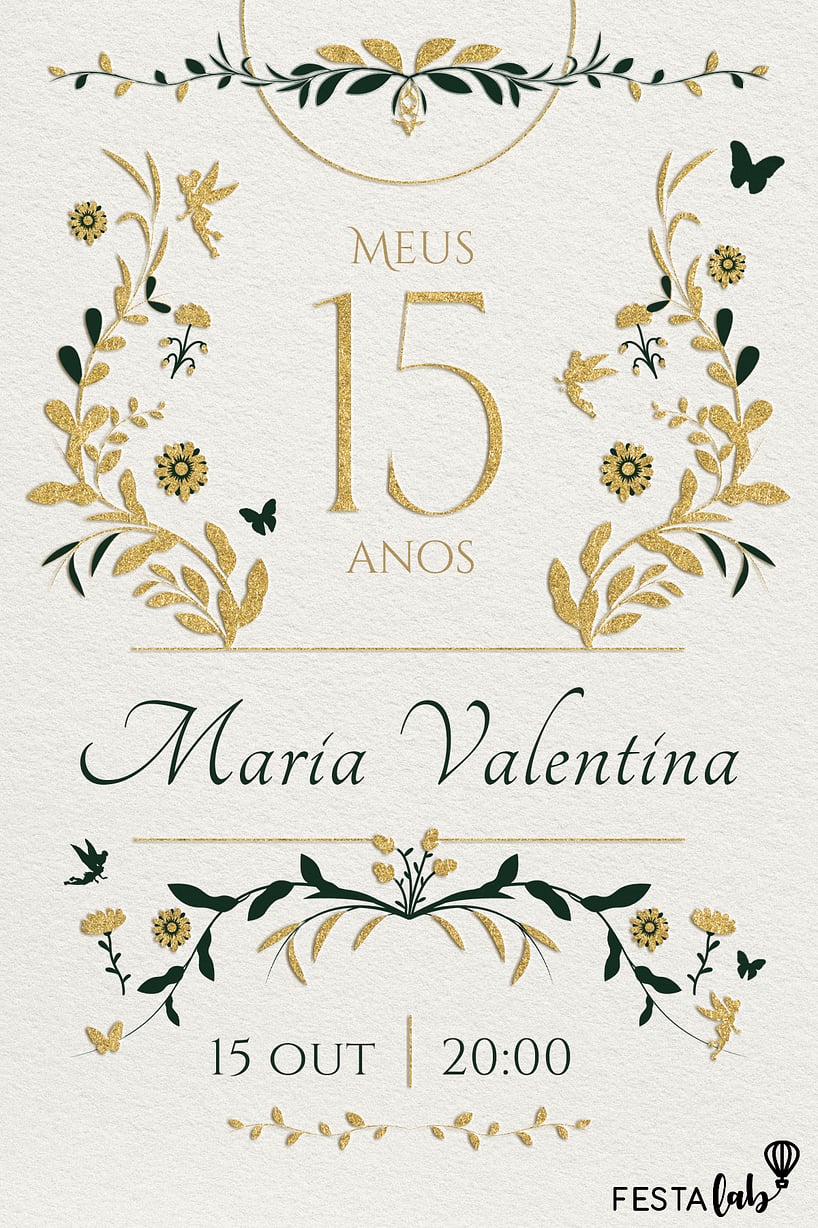 Convite de Aniversario de 15 anos - Jardim dourado 15 anos