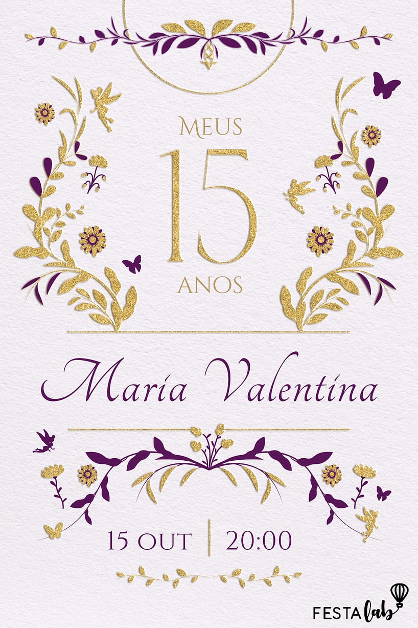 Convite de Aniversario de 15 anos - Jardim roxo 15 anos