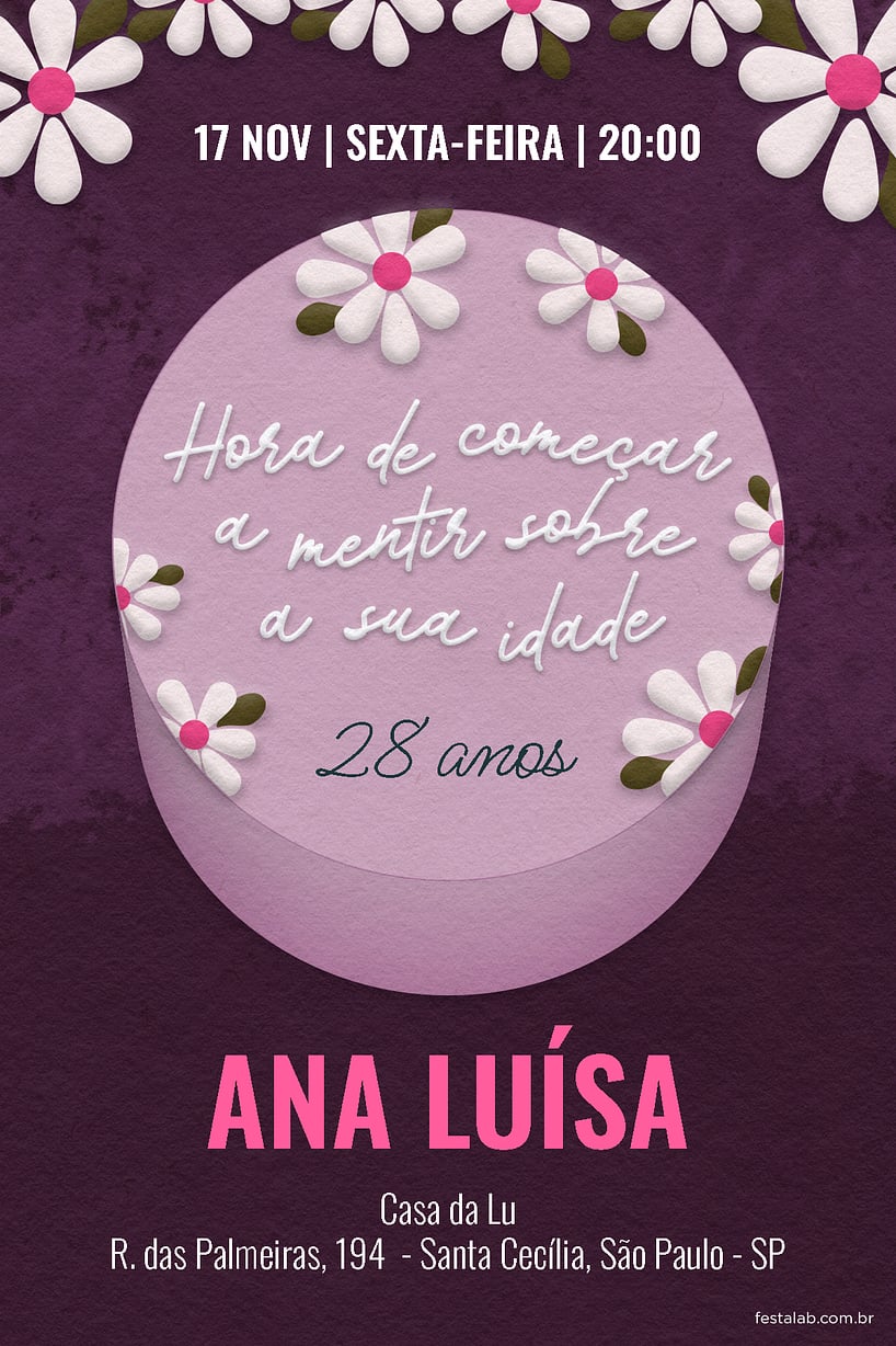 Convite de Aniversario Adulto - Cake roxo