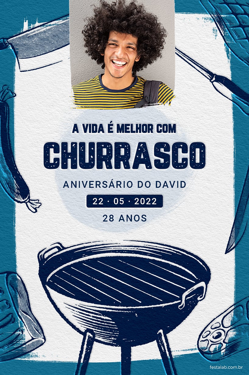 Convite de Aniversario Adulto - Churrasco na grelha azul