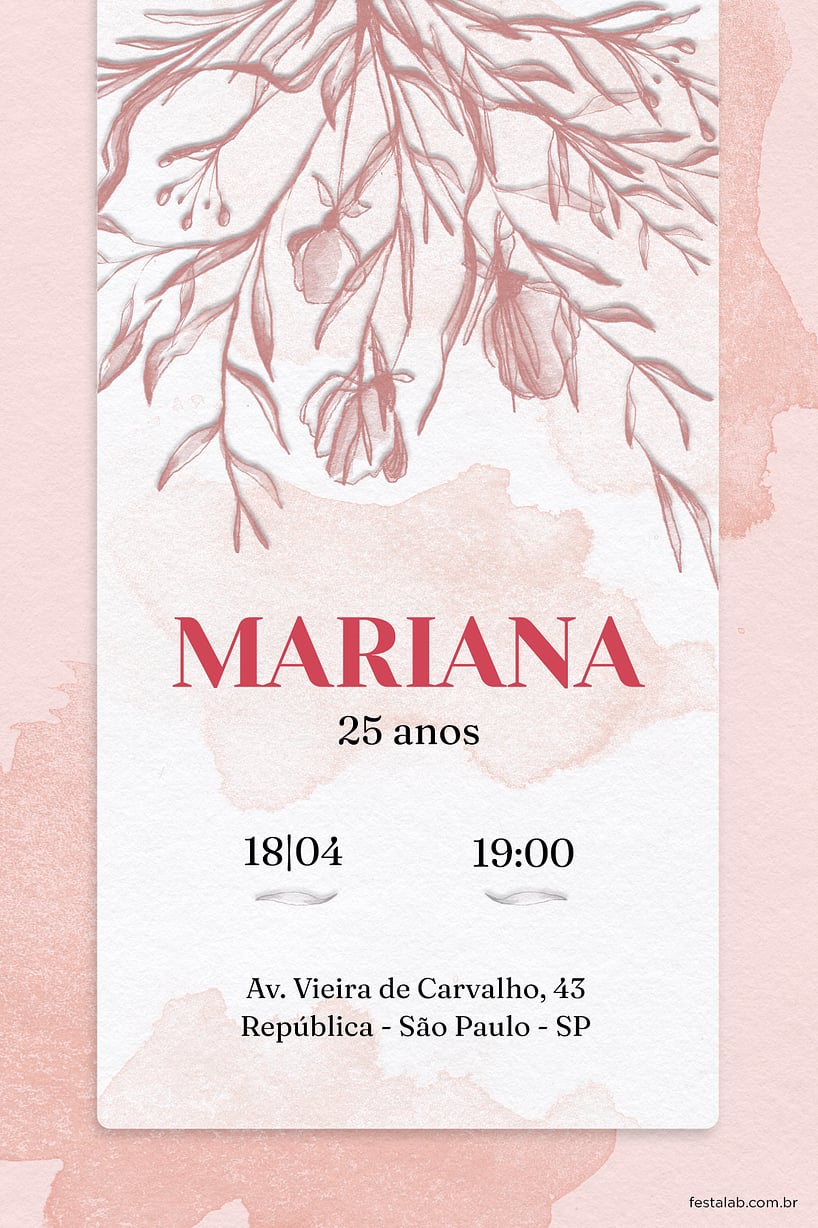 Convite de Aniversario Adulto - Flores Aquarela Rosa