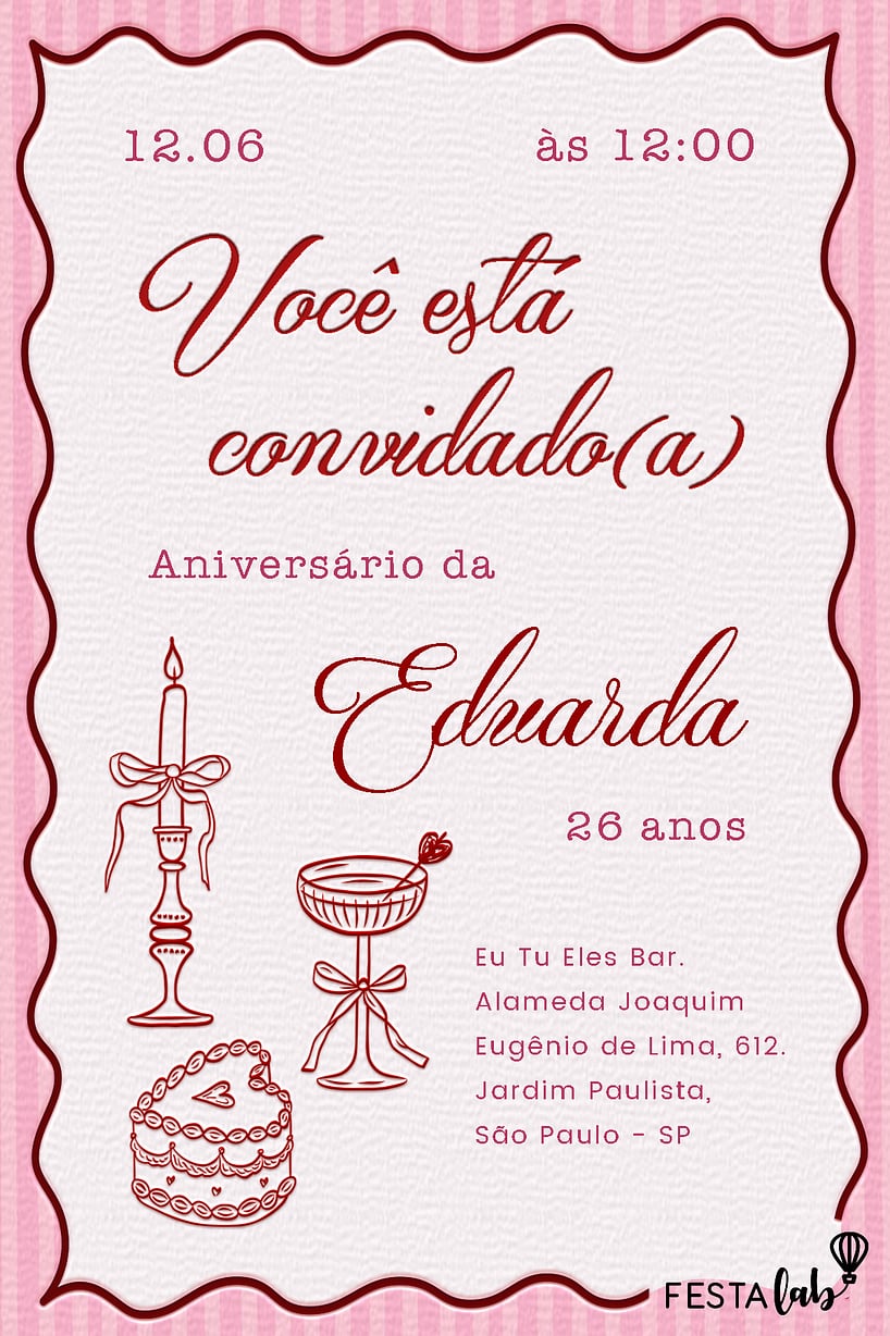 Criar convite de aniversário - Laços e Bolos Aesthetic| FestaLab