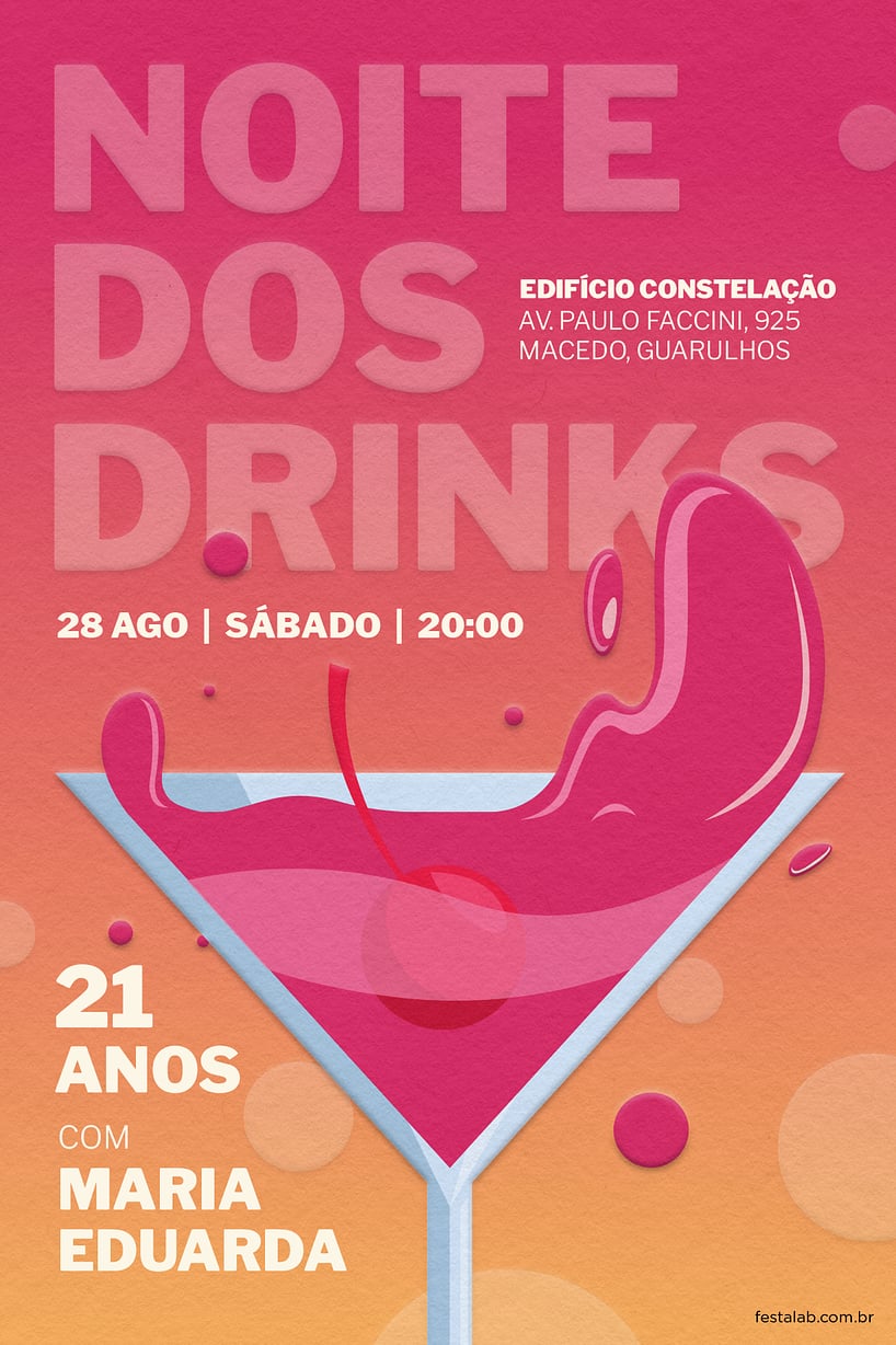 Criar convite de aniversário - Noite dos Drinks| FestaLab