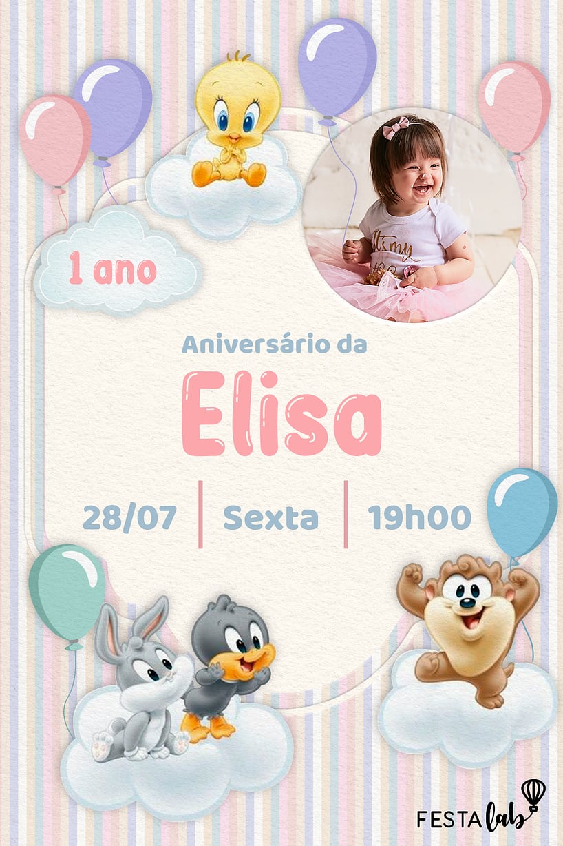 Criar convite de aniversário - Baby Looney Tunes Listradinho de Rosa| FestaLab