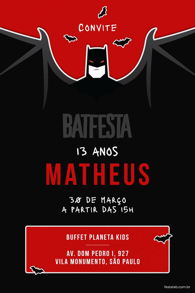 Convite de Aniversario - Batfesta Vermelho