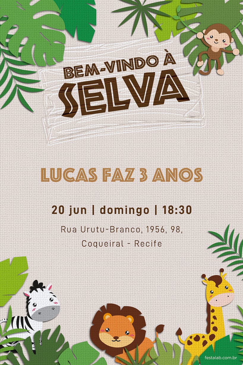 Criar convite de aniversário - Bem Vindo a Selva| FestaLab