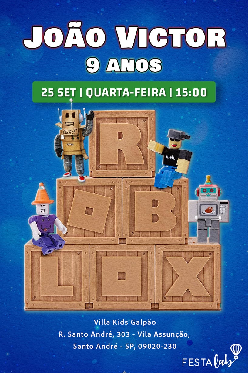 Convite de Aniversario - Bloco do Roblox Azul