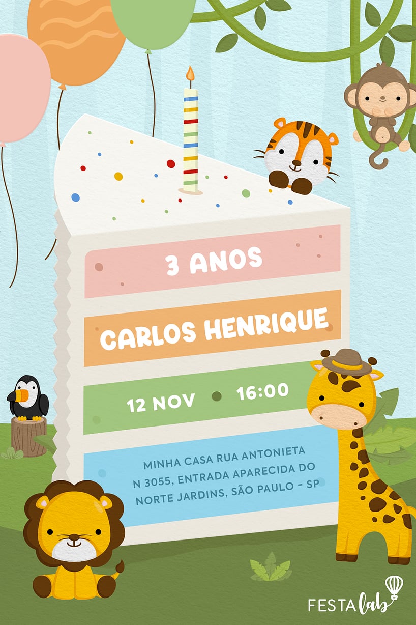 Criar convite de aniversário - Bolo no safari| FestaLab