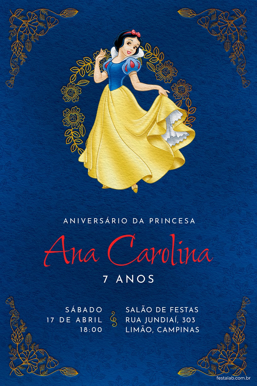 Criar convite de aniversário - Branca de Neve - Azul| FestaLab