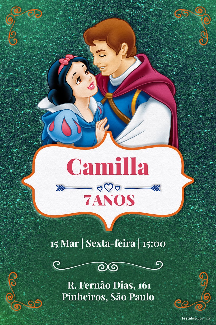 Convite de Aniversario - Branca de Neve - Verde