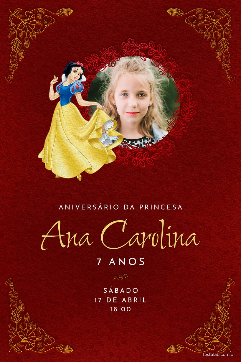 Convite de Aniversario - Branca de Neve - Vermelho