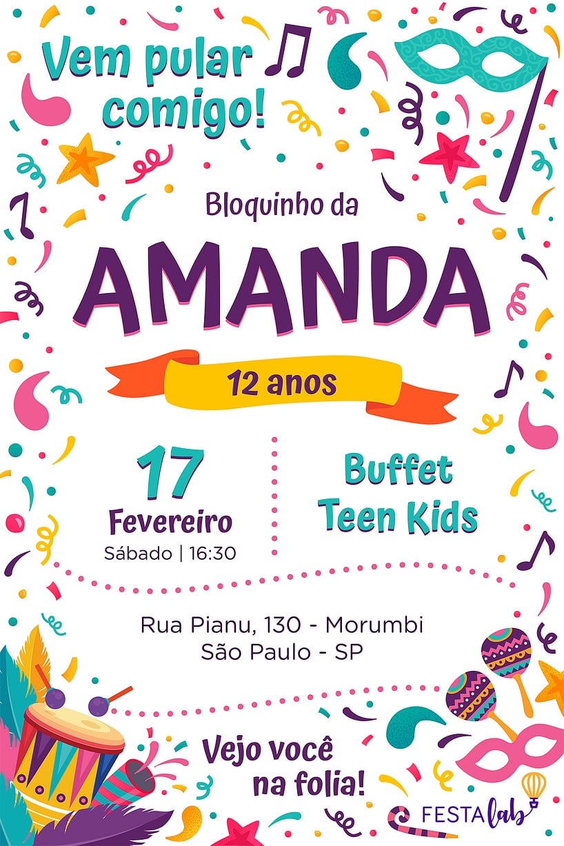 Convite de Aniversario - Carnaval das Cores