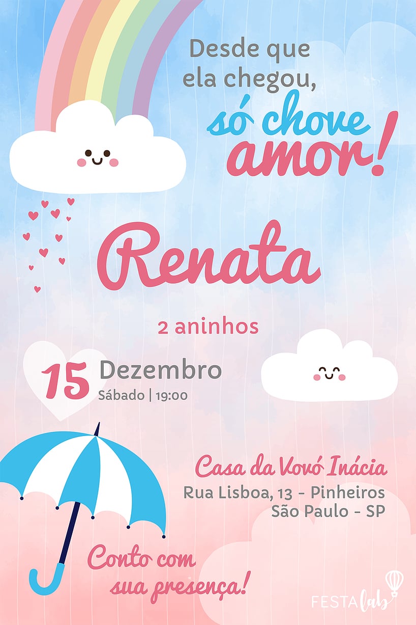 Criar convite de aniversário - Chuva de Amor| FestaLab