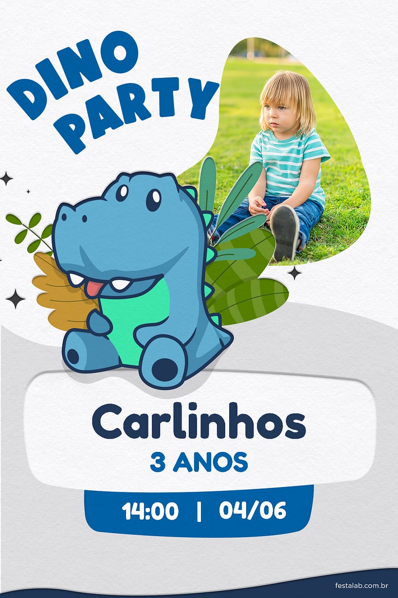 Convite de Aniversario - Dino party azul