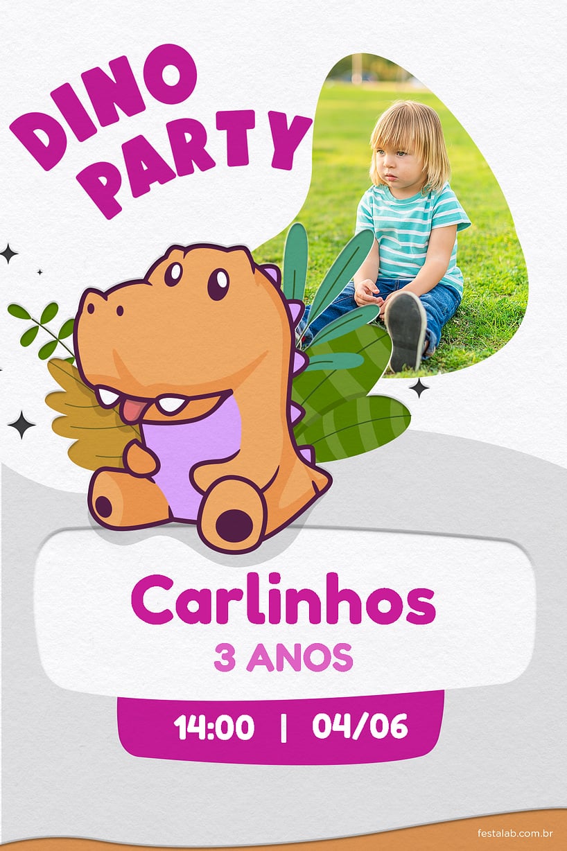 Convite de Aniversario - Dino party rosa