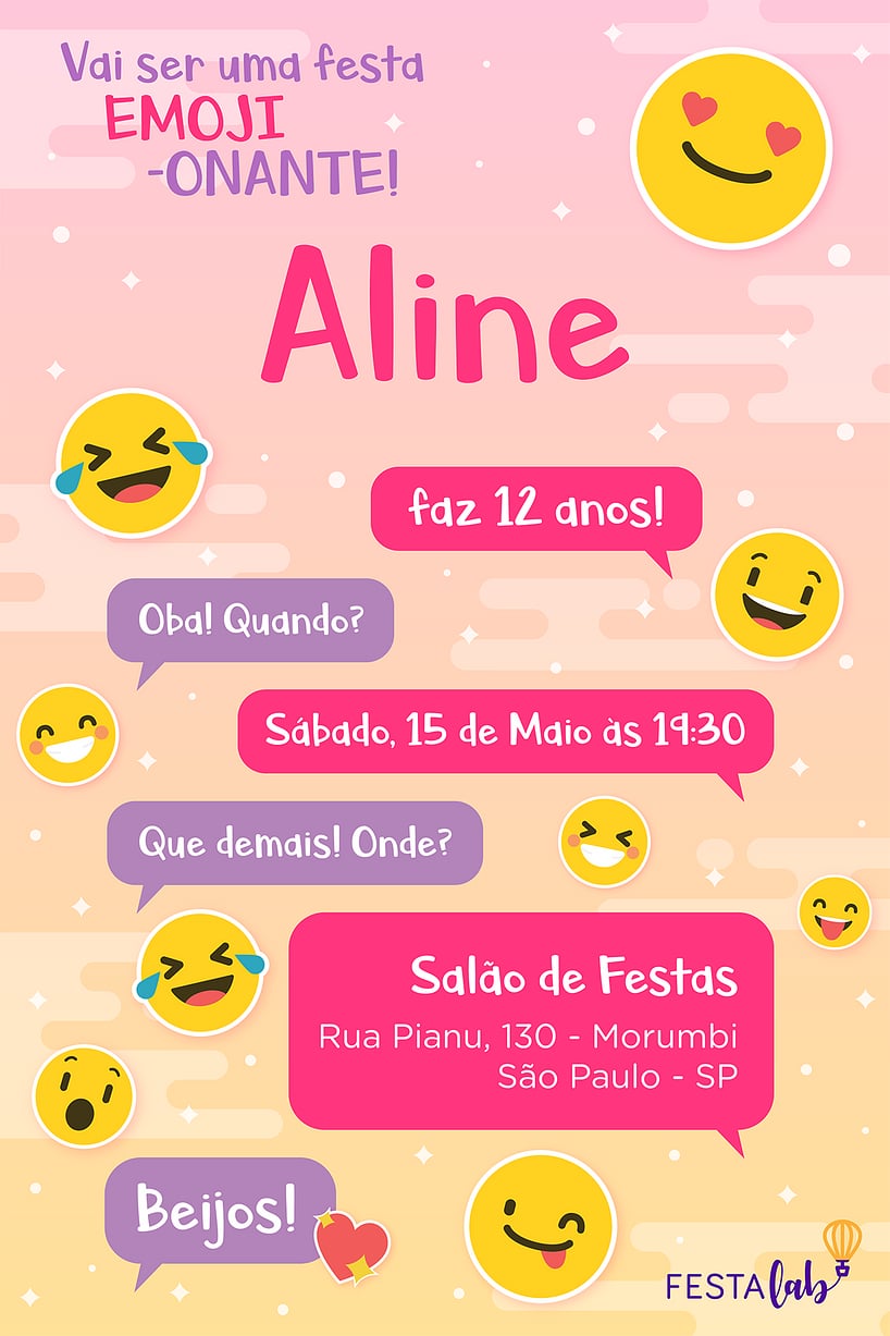 Convite de Aniversario - Emoji rosa