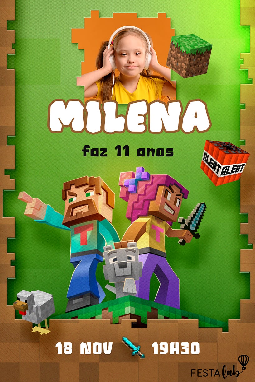 Convite de Aniversario - Festa com Minecraft