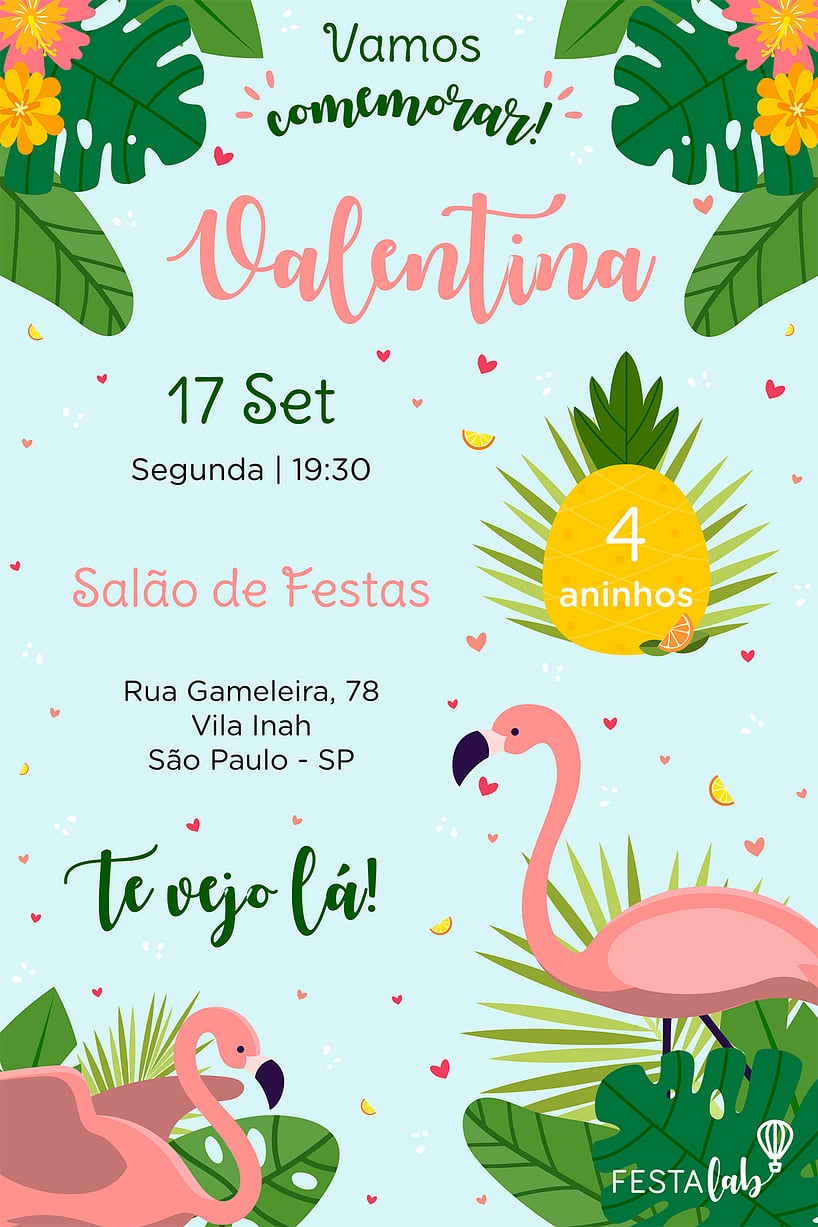 Convite de Aniversario - Flamingo