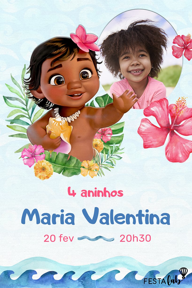 Criar convite de aniversário - Flores da Moana Baby| FestaLab