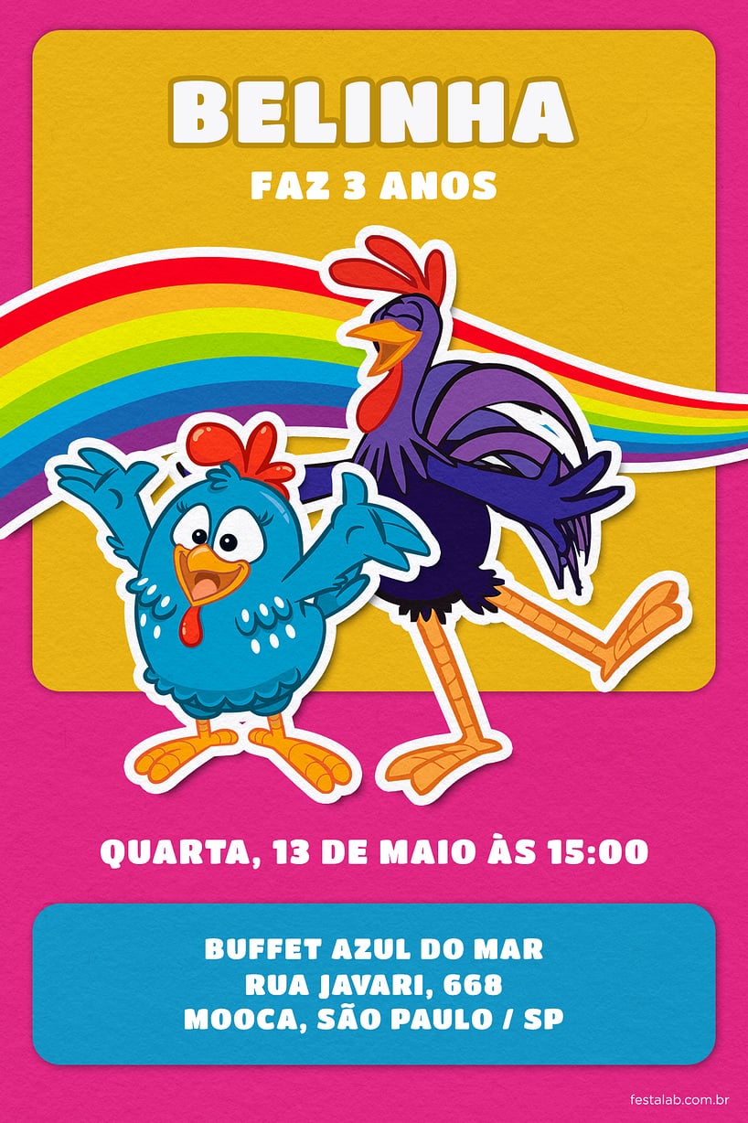 Convite de Aniversario - Arco iris da Galinha