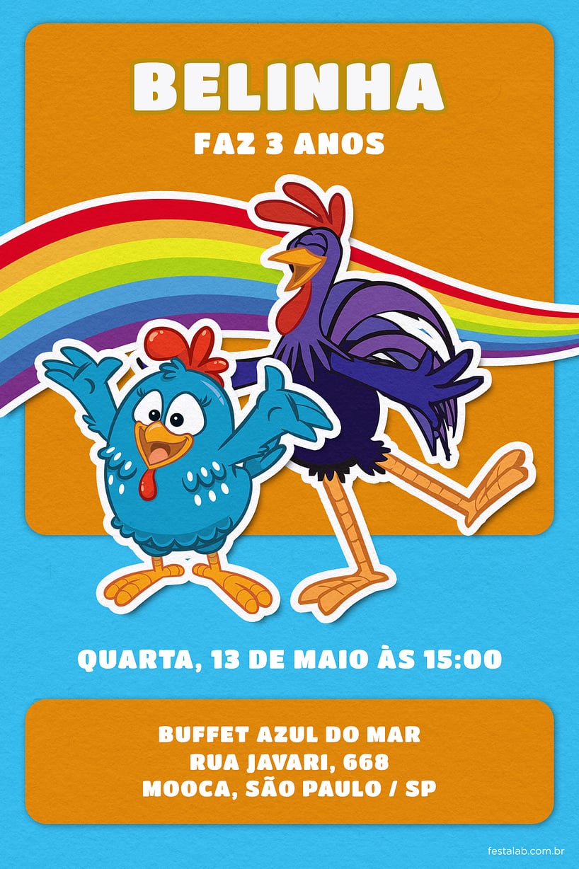 Convite de Aniversario - Arco iris da Galinha: Laranja