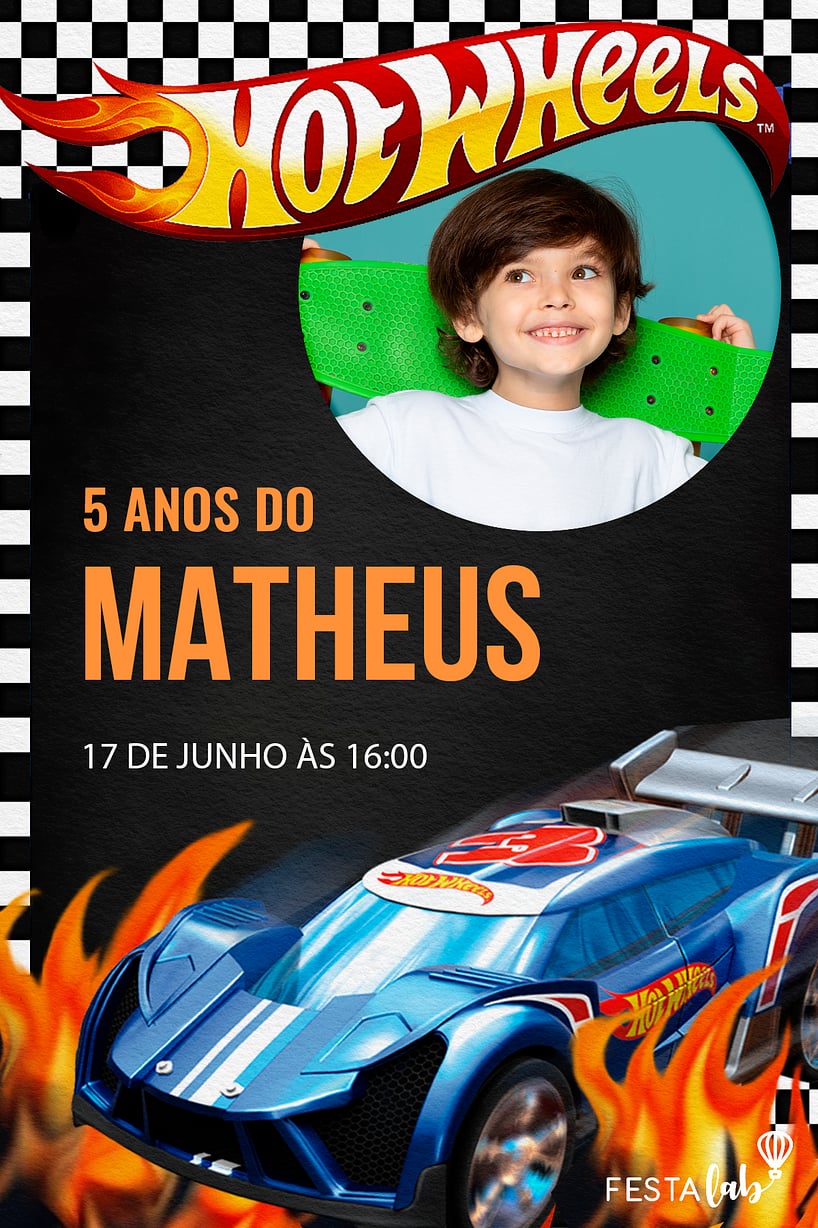 Convite de Aniversario - Hotwheels Quadriculado