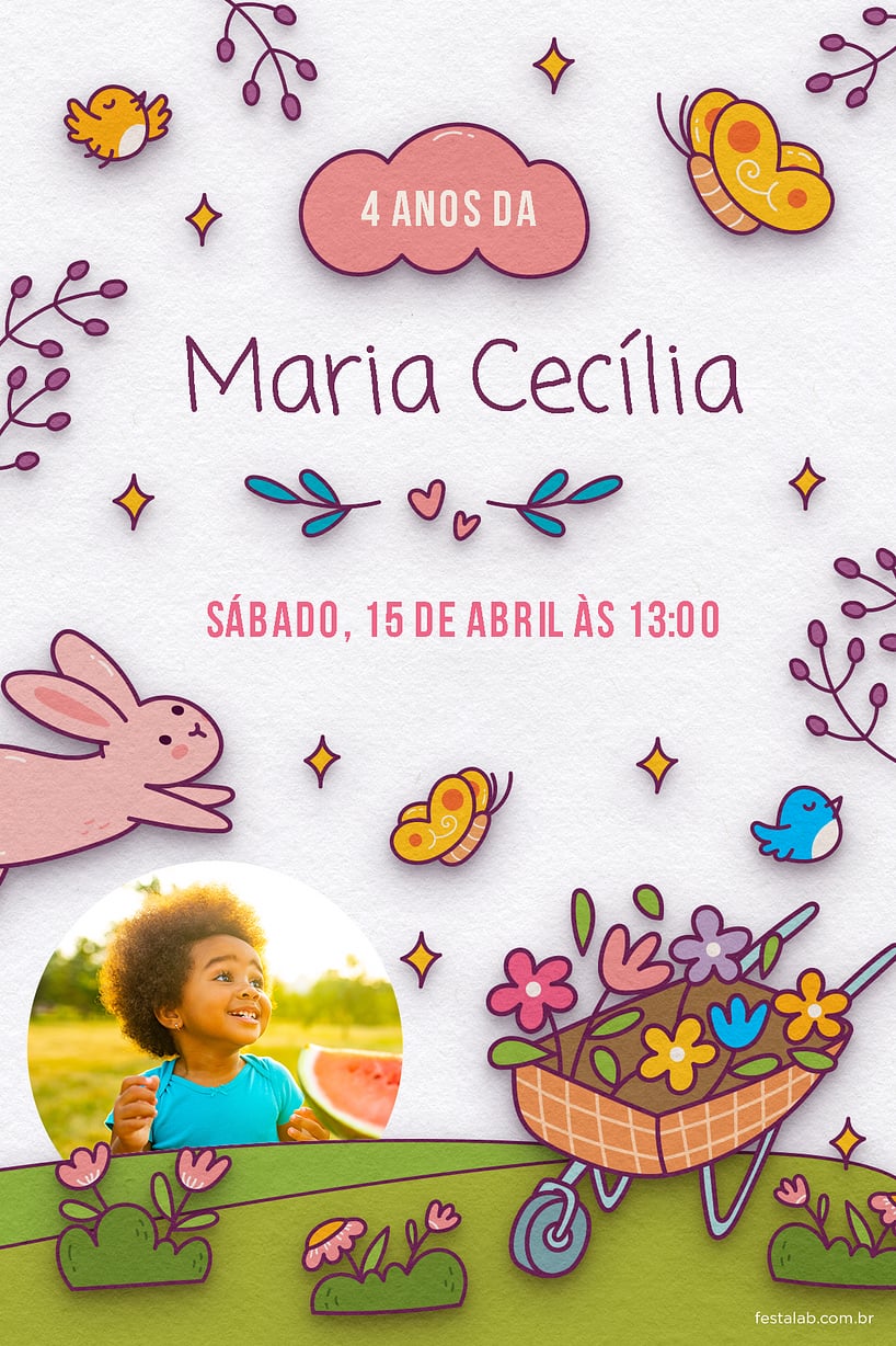 Criar convite de aniversário - No Reino das Flores: Branco| FestaLab