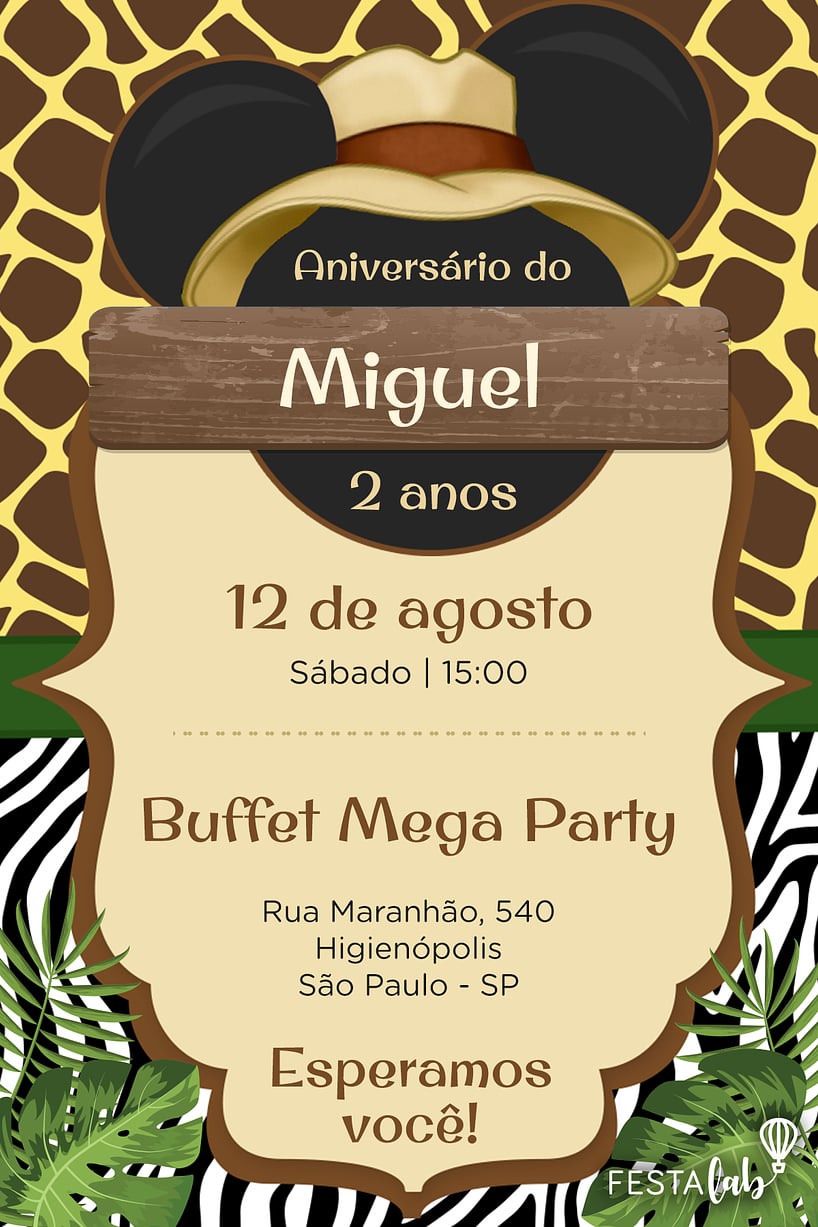 Convite de Aniversario - Mickey Safari