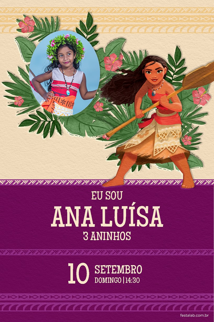 Convite de Aniversario - Moana tribal roxo