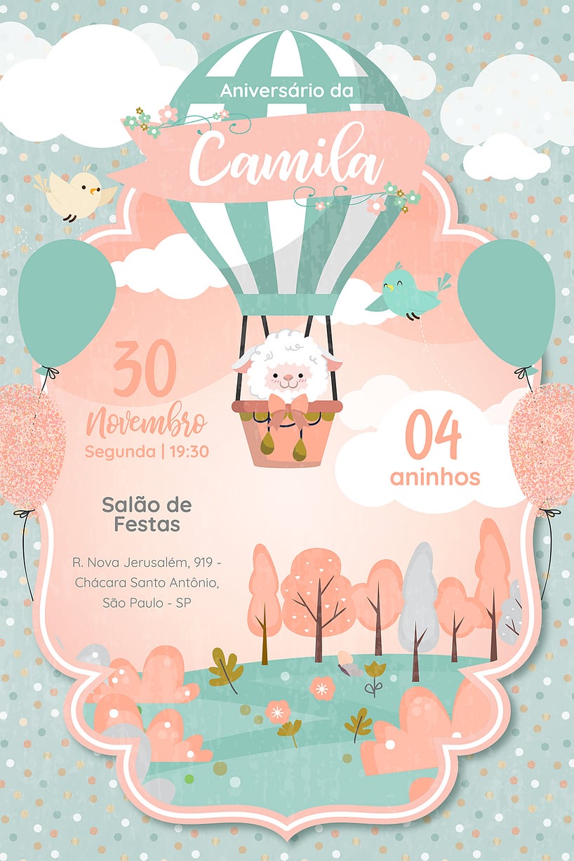 Convite de Aniversario - Ovelha Baloeira verde