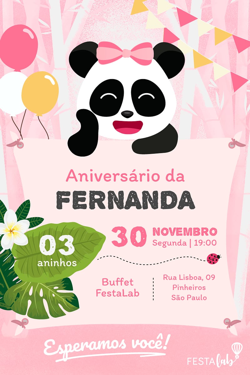 Convite de Aniversario - Panda Rosinha