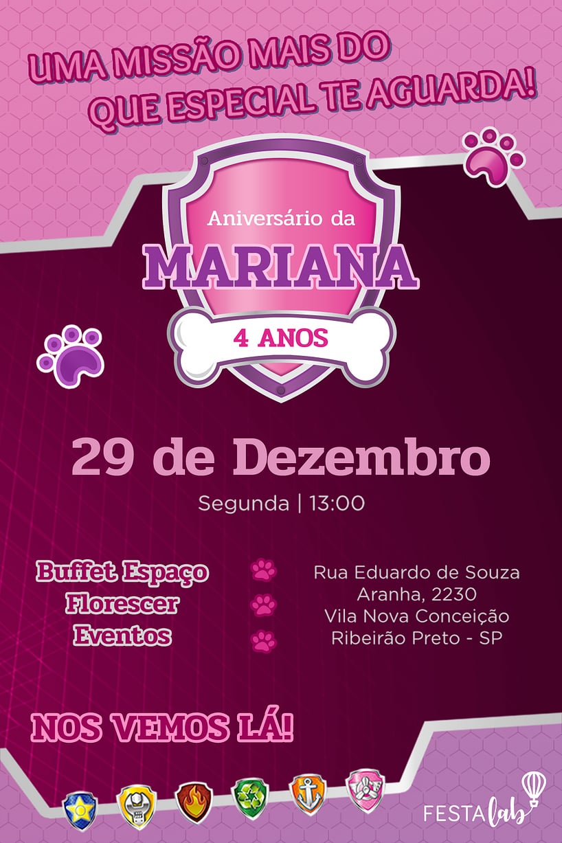 Convite de Aniversario - Patrulha Canina - Rosa