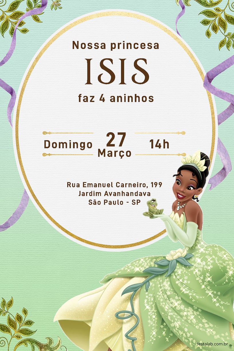 Criar convite de aniversário - Princesa Tiana| FestaLab