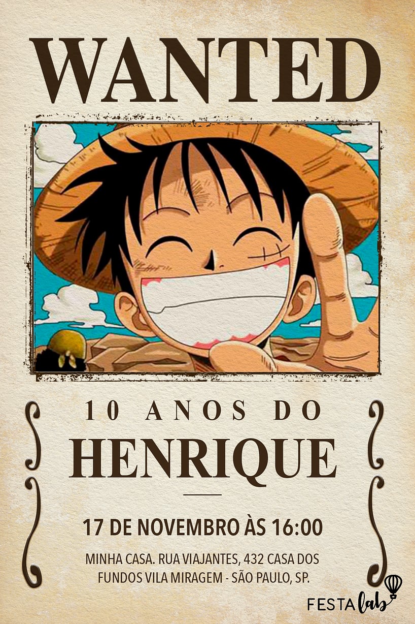 Criar convite de aniversário - Procura-se Luffy| FestaLab