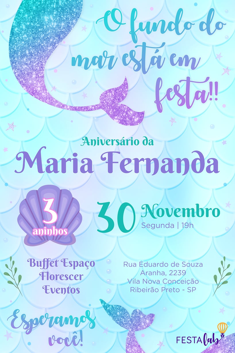 Convite de Aniversario - Sereia brilhante