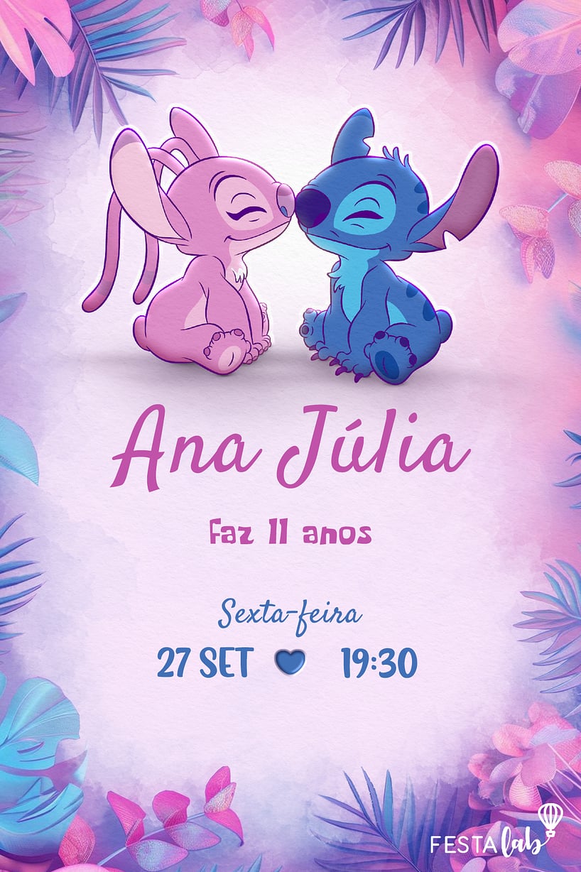 Convite de Aniversario - Stitch e Angel