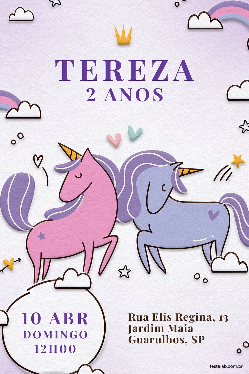 Convite de Aniversario - Unicornio Lilas