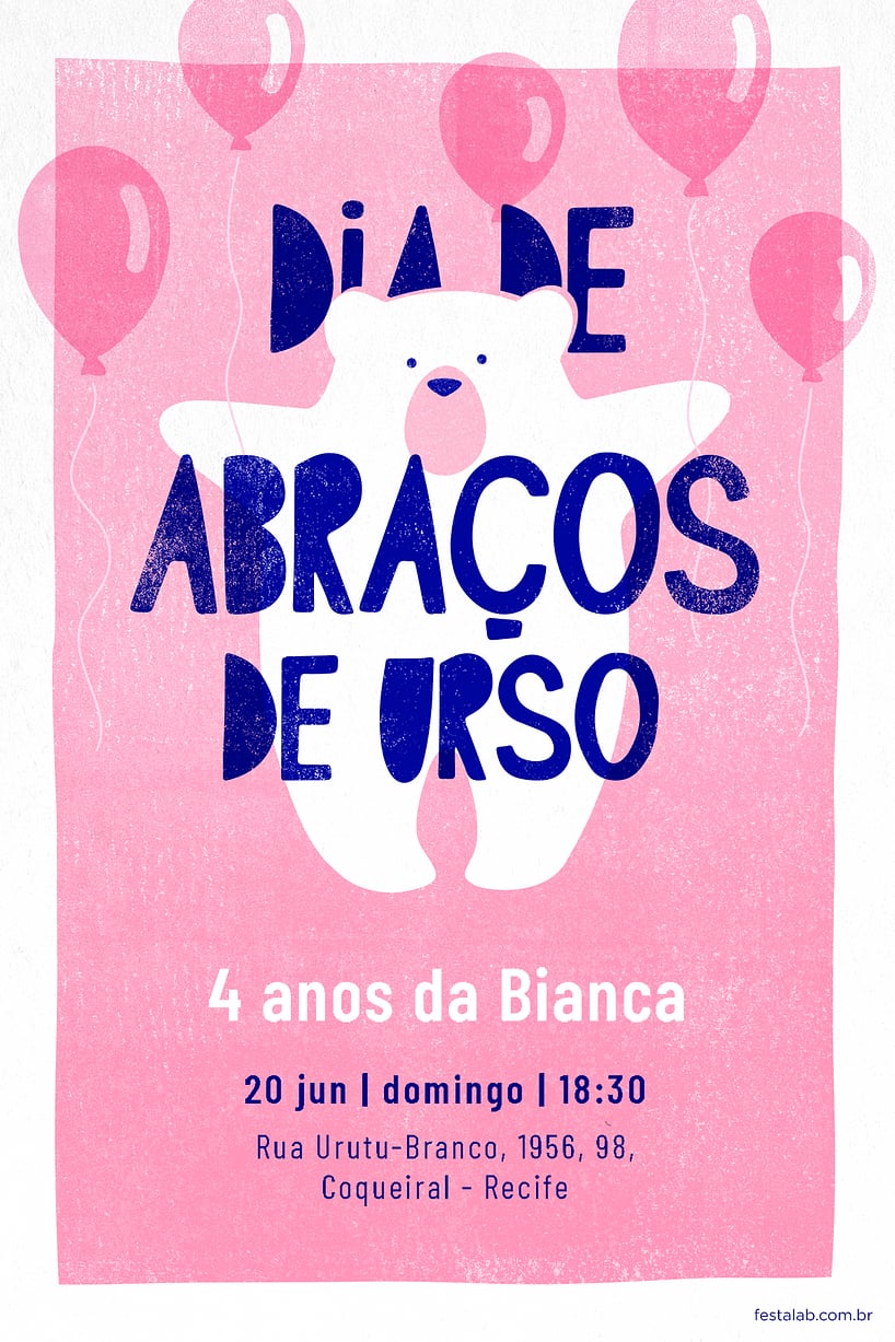 Convite de Aniversario - Ursinho com baloes Rosa