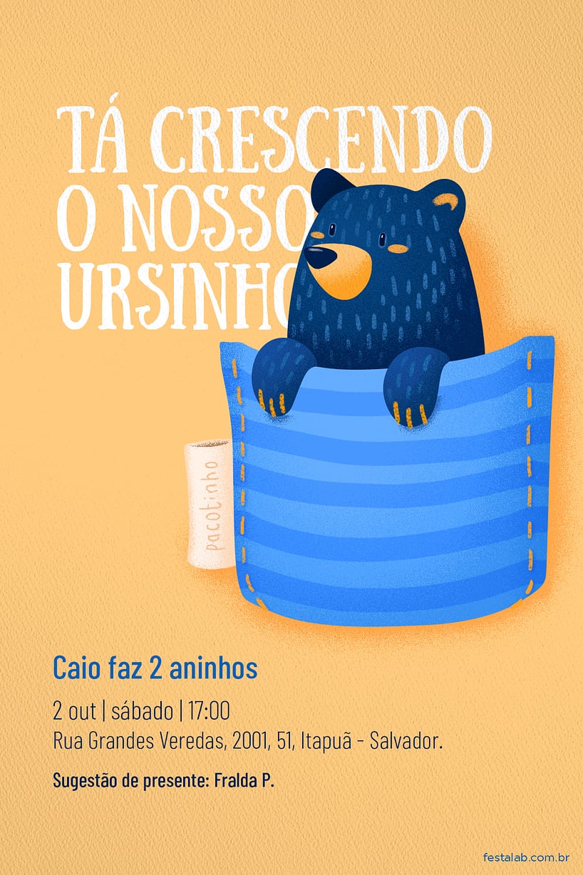 Convite de Aniversario - Ursinho no Bolsinho azul