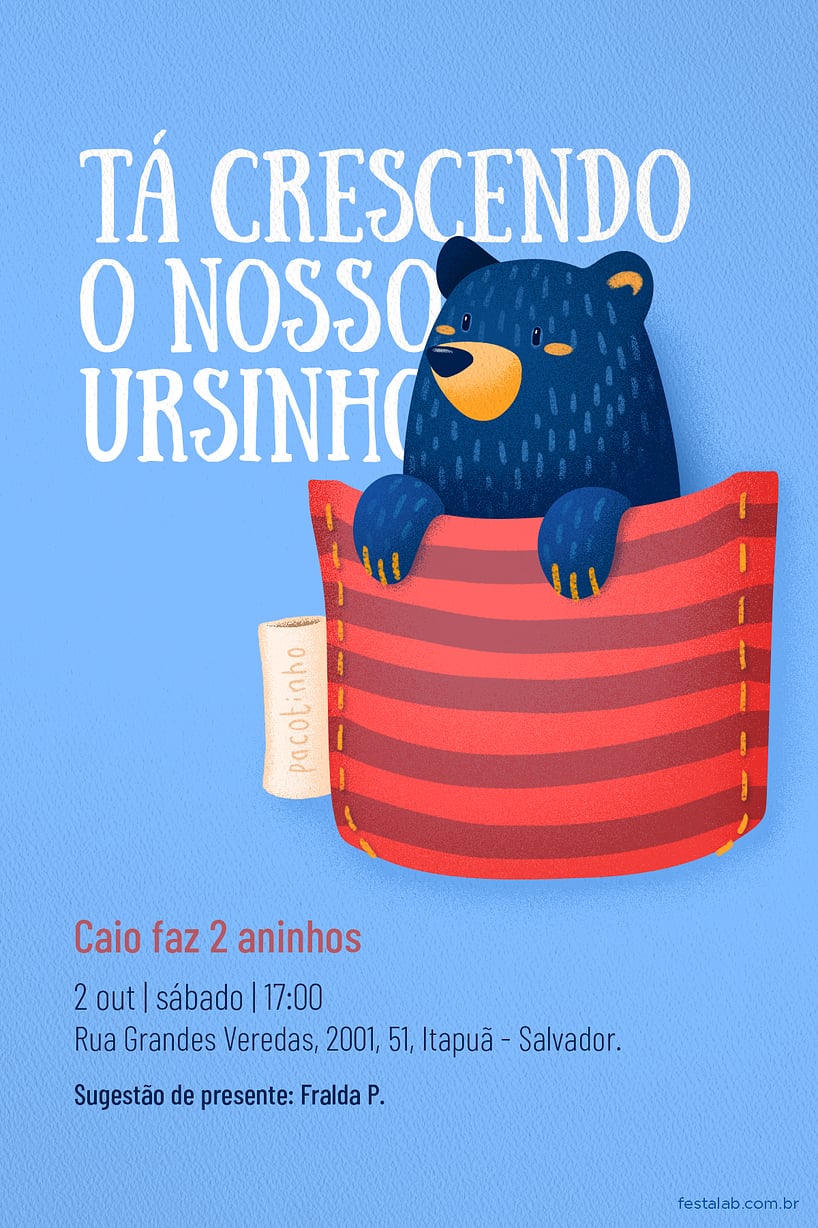 Convite de Aniversario - Ursinho no Bolsinho vermelho