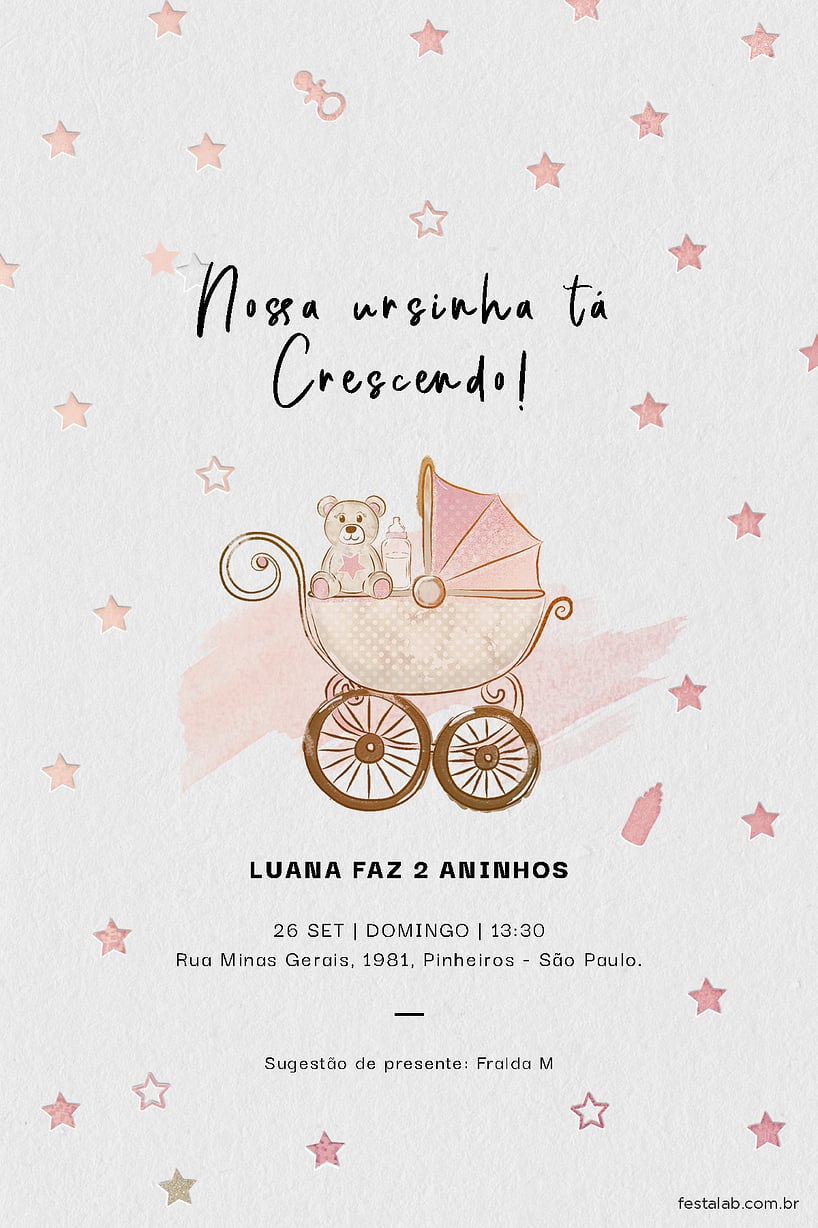 Convite de Aniversario - Ursinho no Carrinho rosa