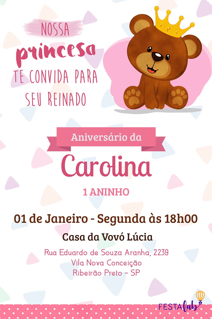 Convite de Aniversario - Ursinho rosa