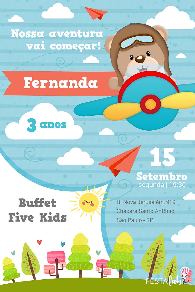 Convite de Aniversario - Urso Aviador