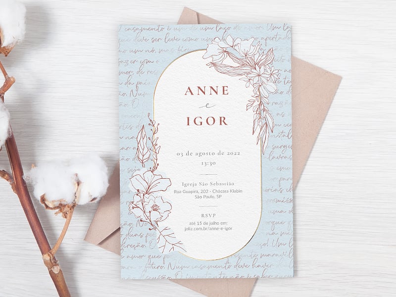 Modelo de Convite de Casamento - Floral minimalista azul Crie seu convite de casamento - Floral minimalista azul| FestaLab