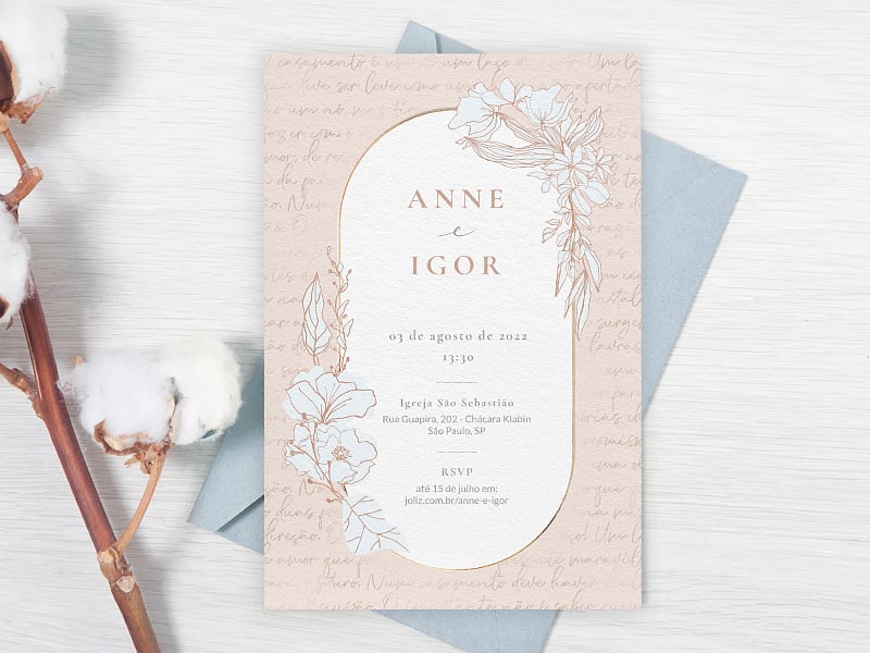 Modelo de Convite de Casamento - Floral minimalista rose Crie seu convite de casamento - Floral minimalista rose| FestaLab