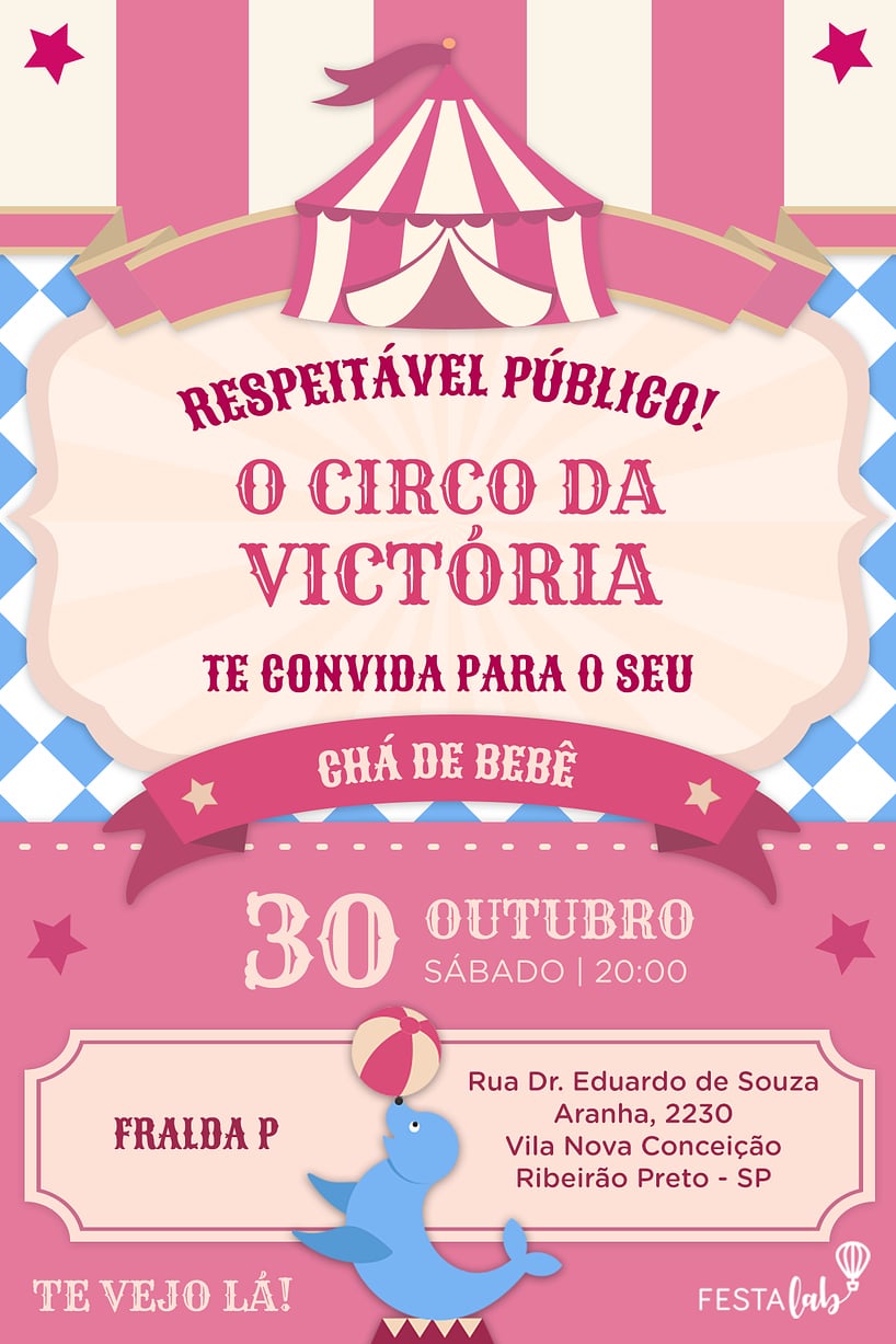 Criar convite de Chá de bebê - Uma Festa no Circo: Rosa| FestaLab