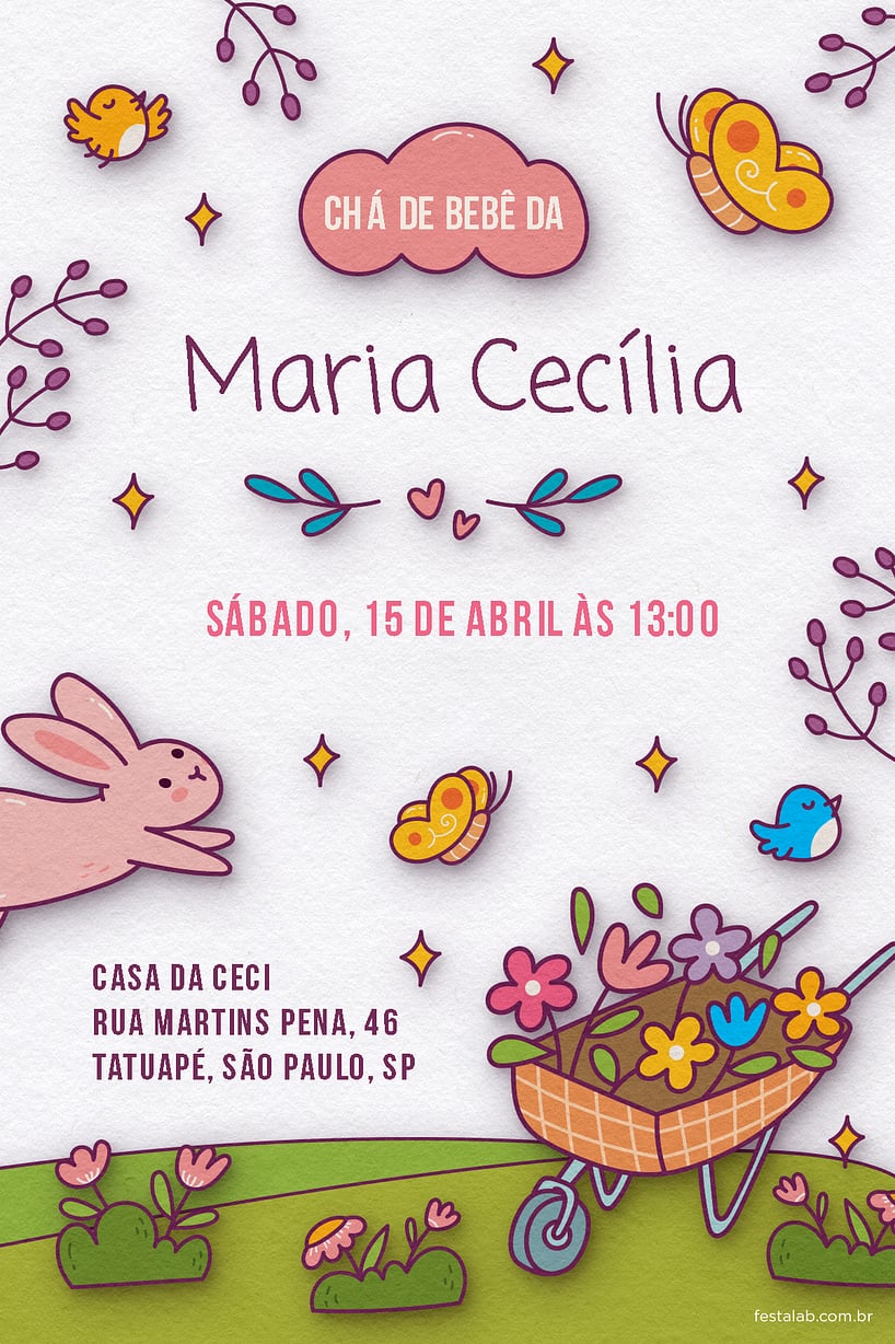 Criar convite de Chá de bebê - No Reino das Flores: Branco| FestaLab